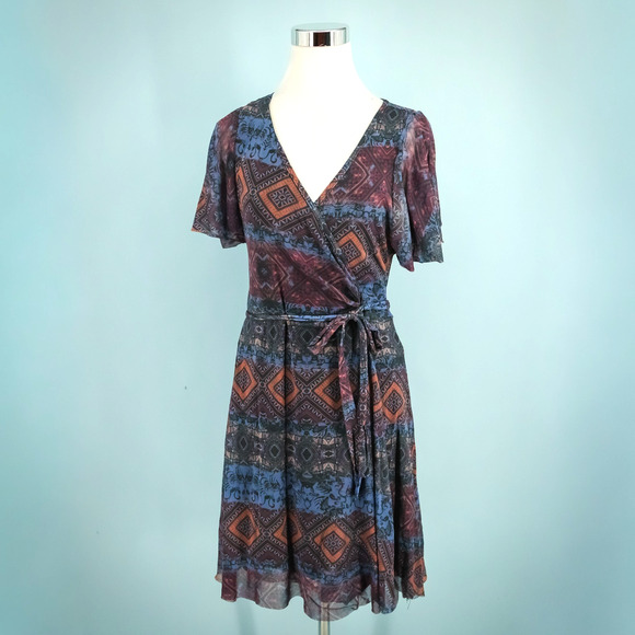 Weston Anthropologie Size Medium M Southwest Print Faux Wrap Tie Mesh Dress - Picture 1 of 8